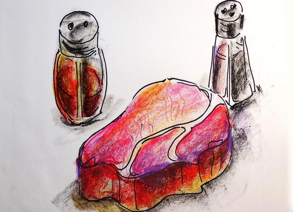 Как нарисовать мясо, кусок мяса карандашом поэтапно?